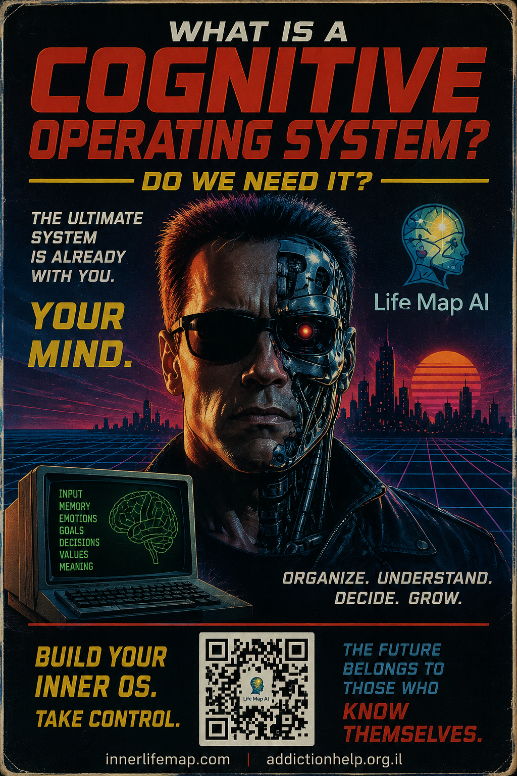 Retro sci-fi poster illustrating a Cognitive Operating System — a human interfaced with an inner-world computer screen.
