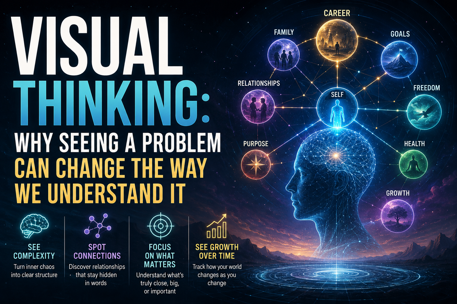 Visual thinking: a spatial map of life areas such as Career, Family, Health and Purpose arranged around Self