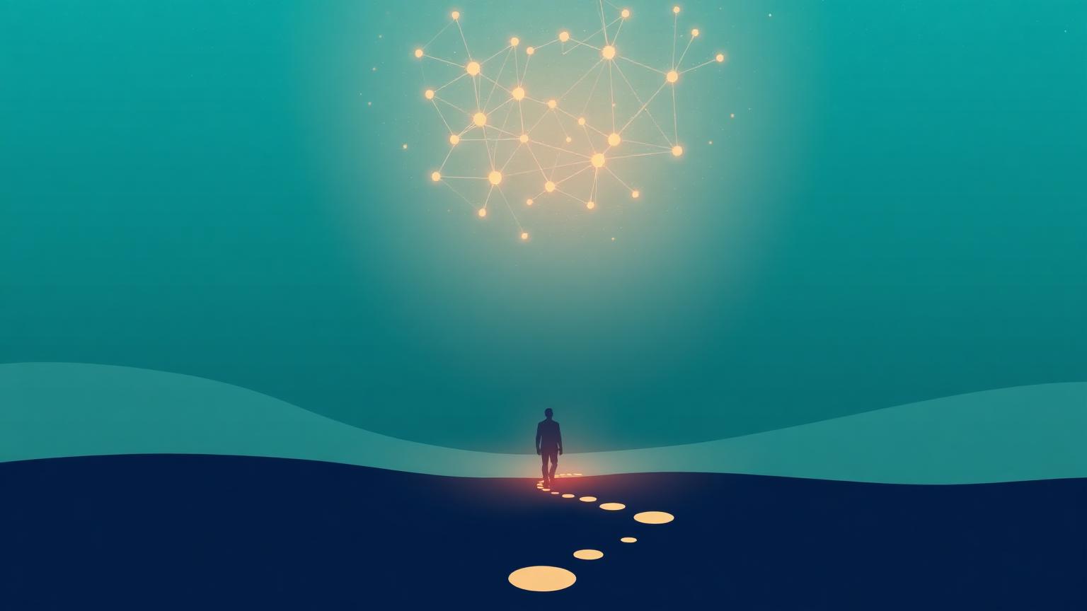 A lone figure walking a glowing path beneath a constellation-like map of connected life areas.