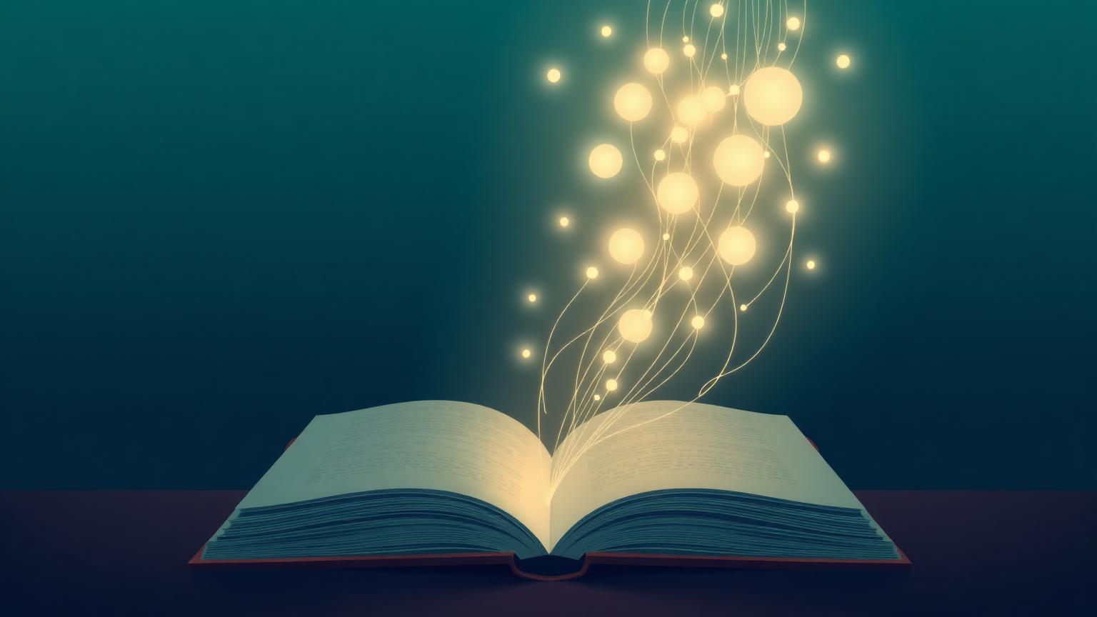 An open journal with glowing written lines rising into luminous orbs and connecting threads.