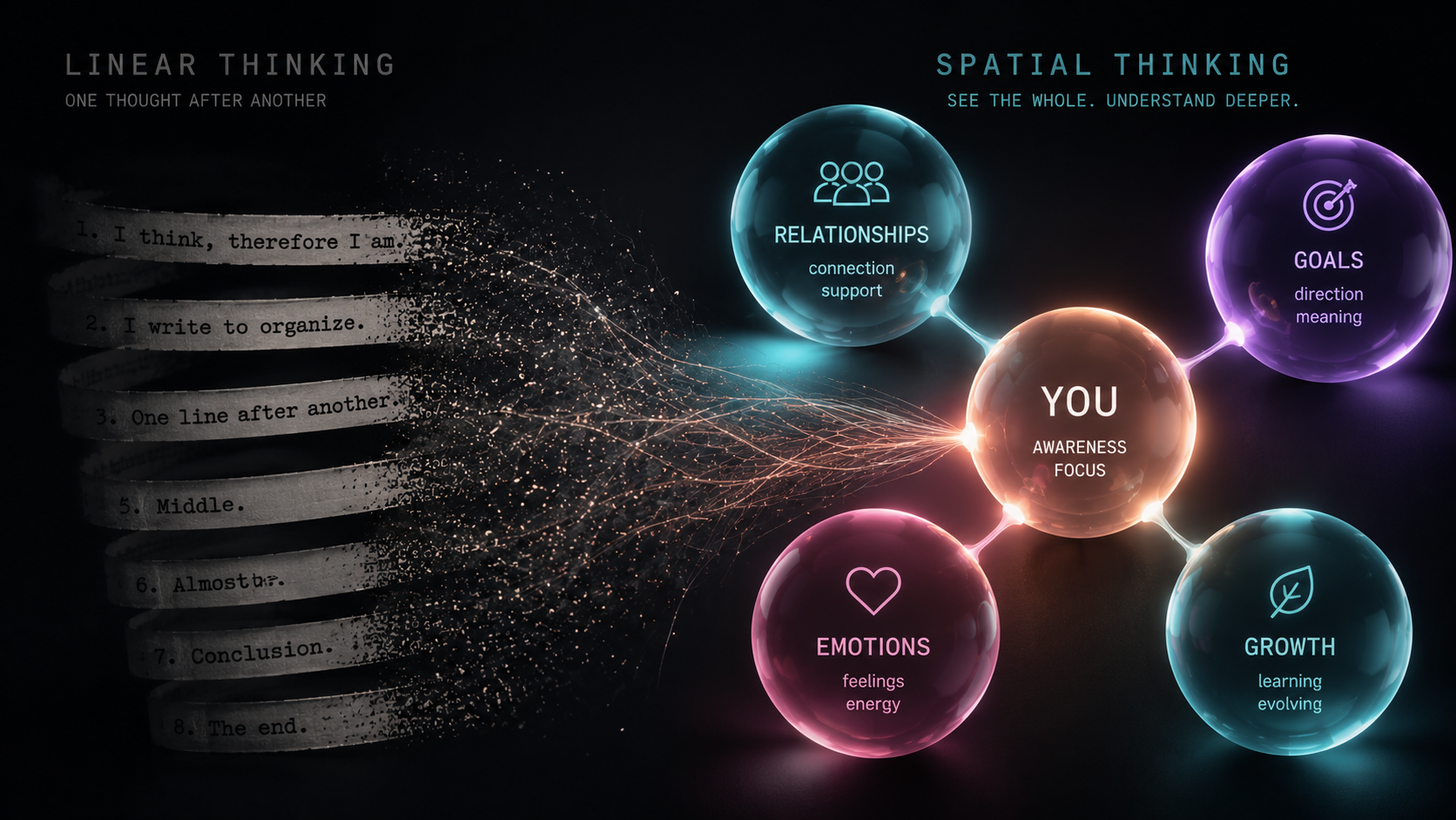 Linear typewriter strips on the left dissolve into particles that connect to a glowing spatial network of Relationships, Goals, Emotions, Growth and the Self on the right.