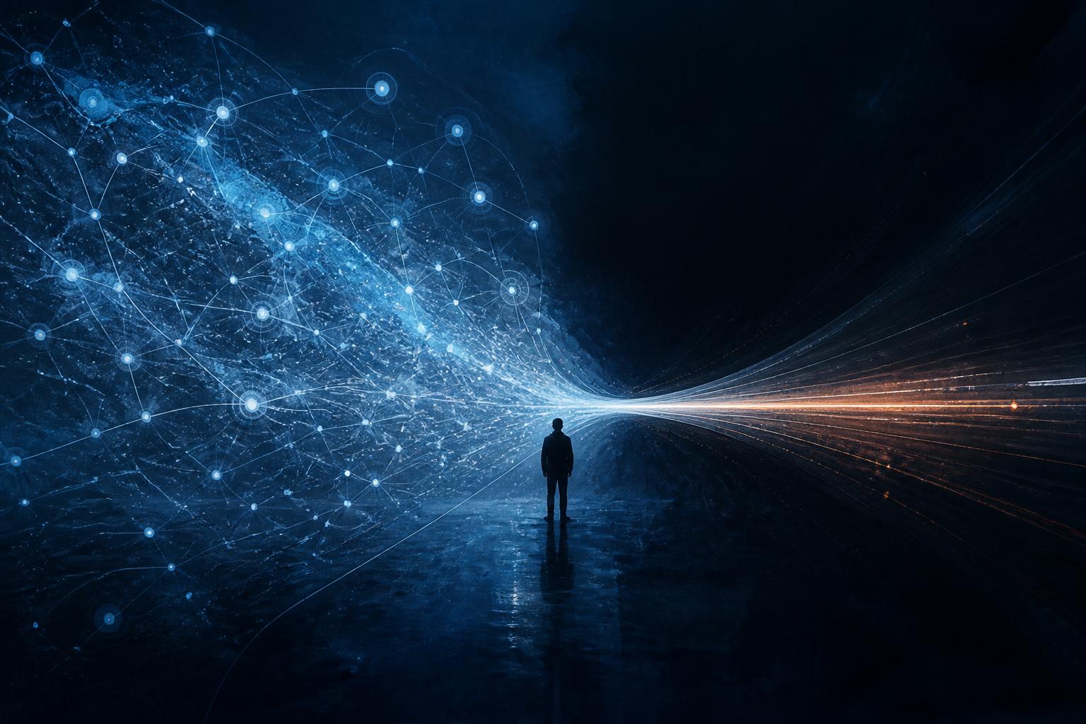 A solitary human silhouette standing between an open constellation of glowing decision pathways and a narrowing, directive stream of light — a visual metaphor for the boundary between personalization and manipulation.